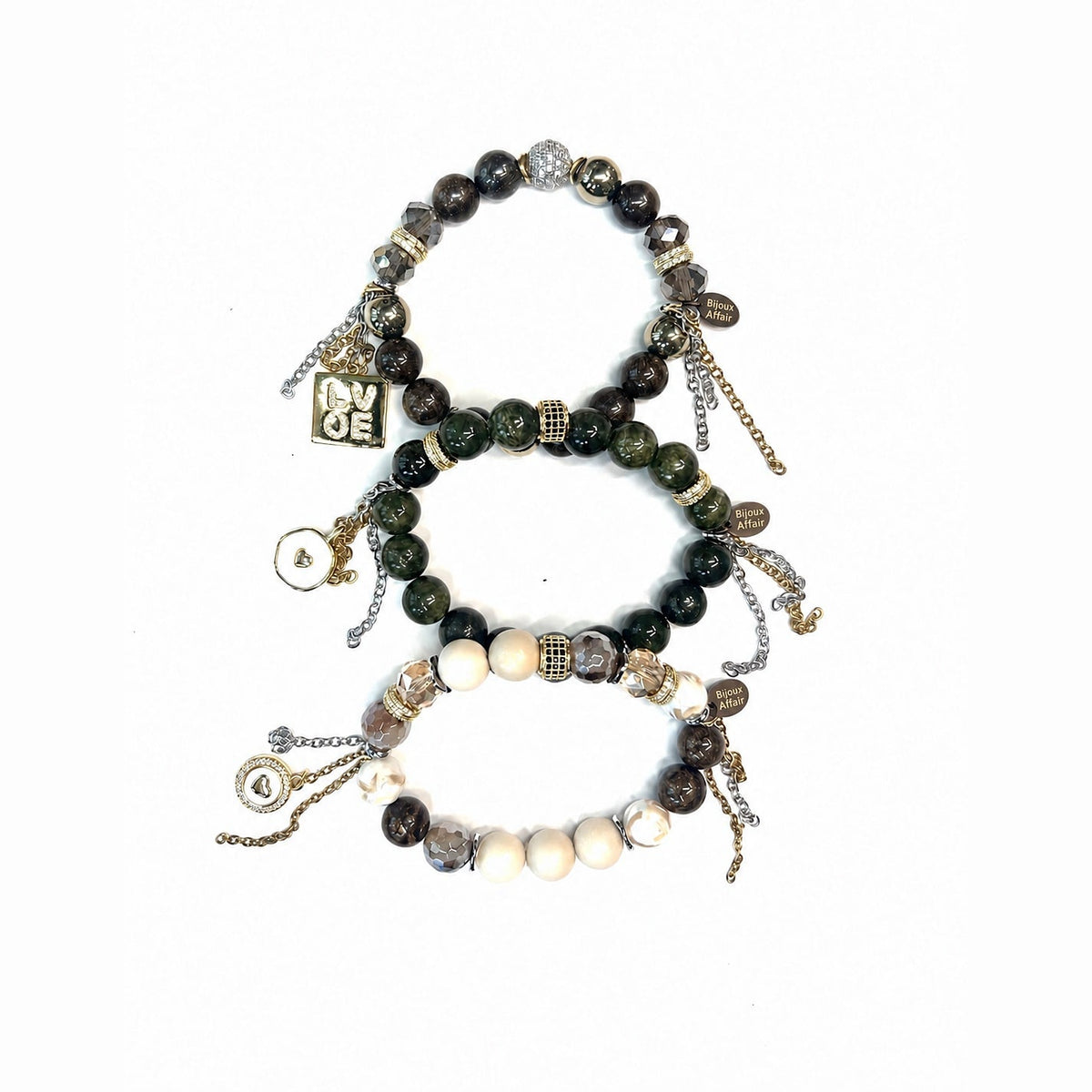 BIJOUXstacks Trio — Green Moss Agate, Austrian Crystal & Cream Natural Stone