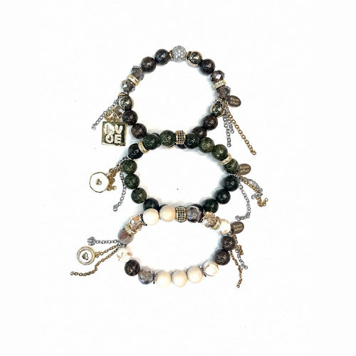 BIJOUXstacks Trio — Green Moss Agate, Austrian Crystal & Cream Natural Stone