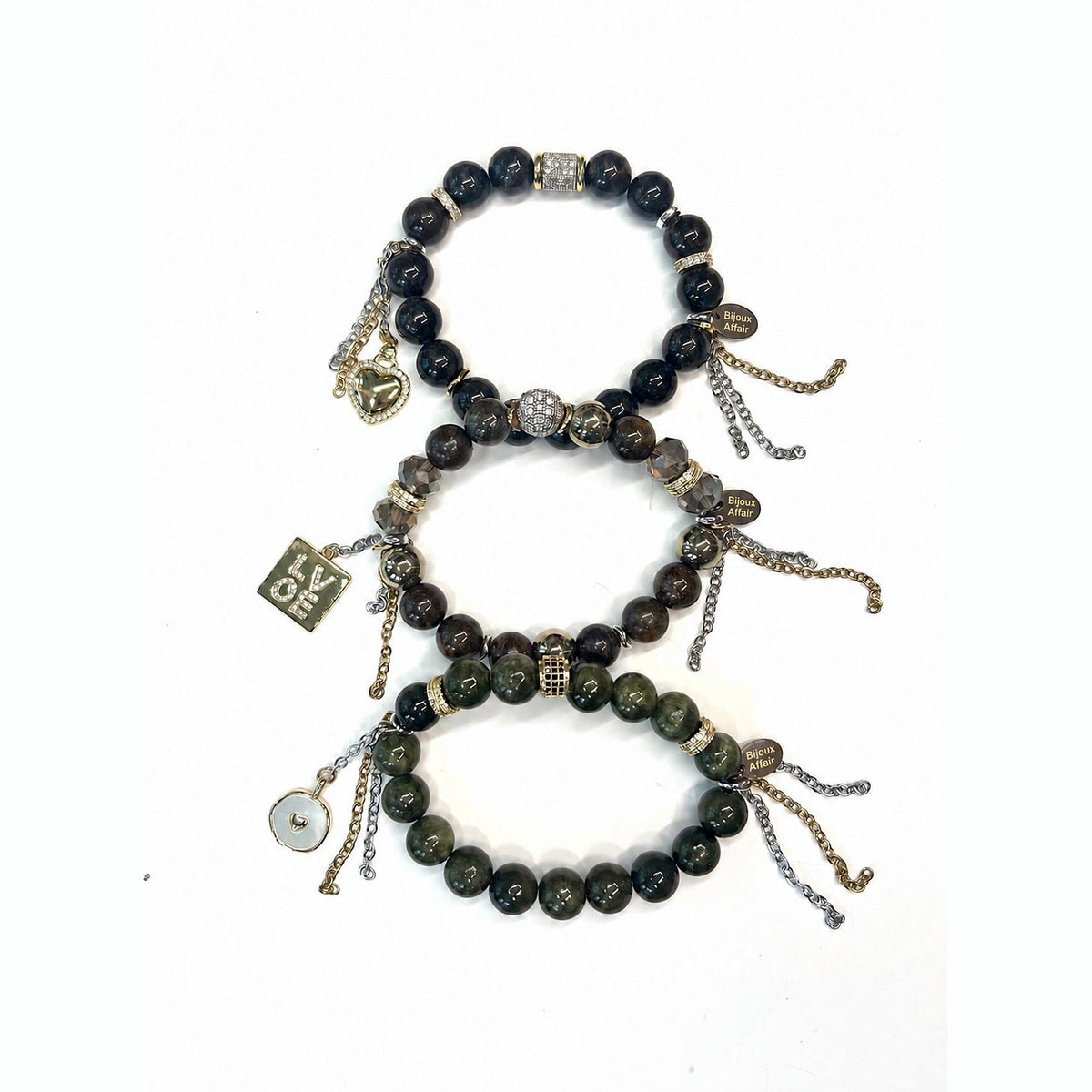 BIJOUXstacks Trio — Green Moss Agate & Austrian Crystal