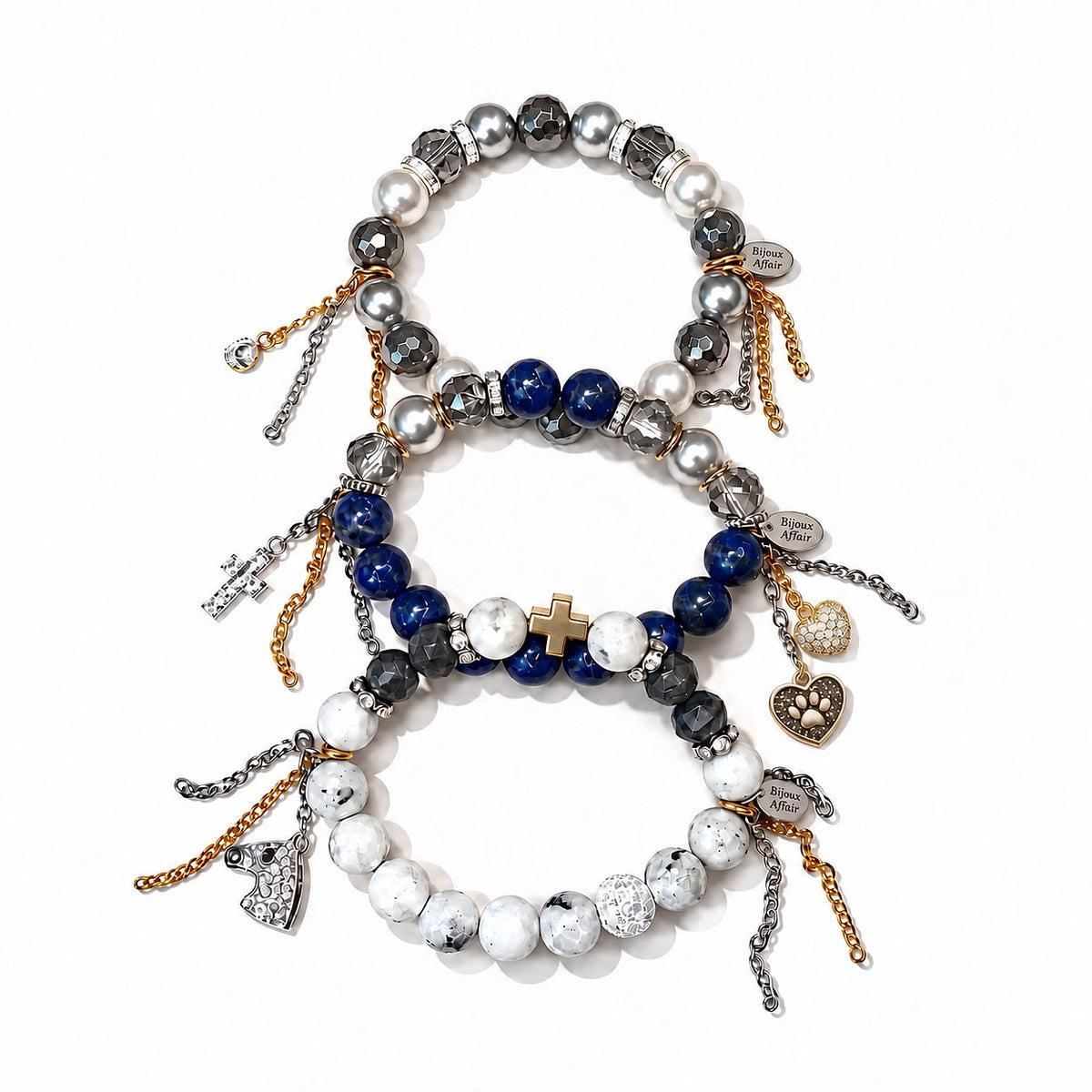 BIJOUXstacks Trio — Moonstone, Glass Pearl & Lapis Lazuli