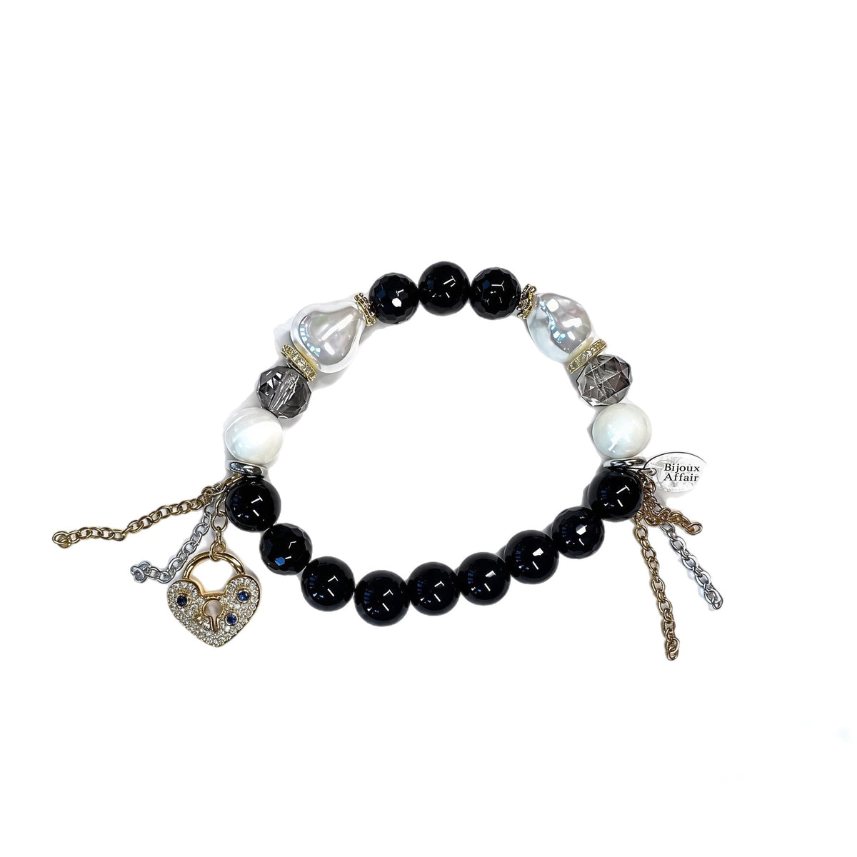 Black Tourmaline, Glass Pearl, Austrian Crystal & Shell Bracelet