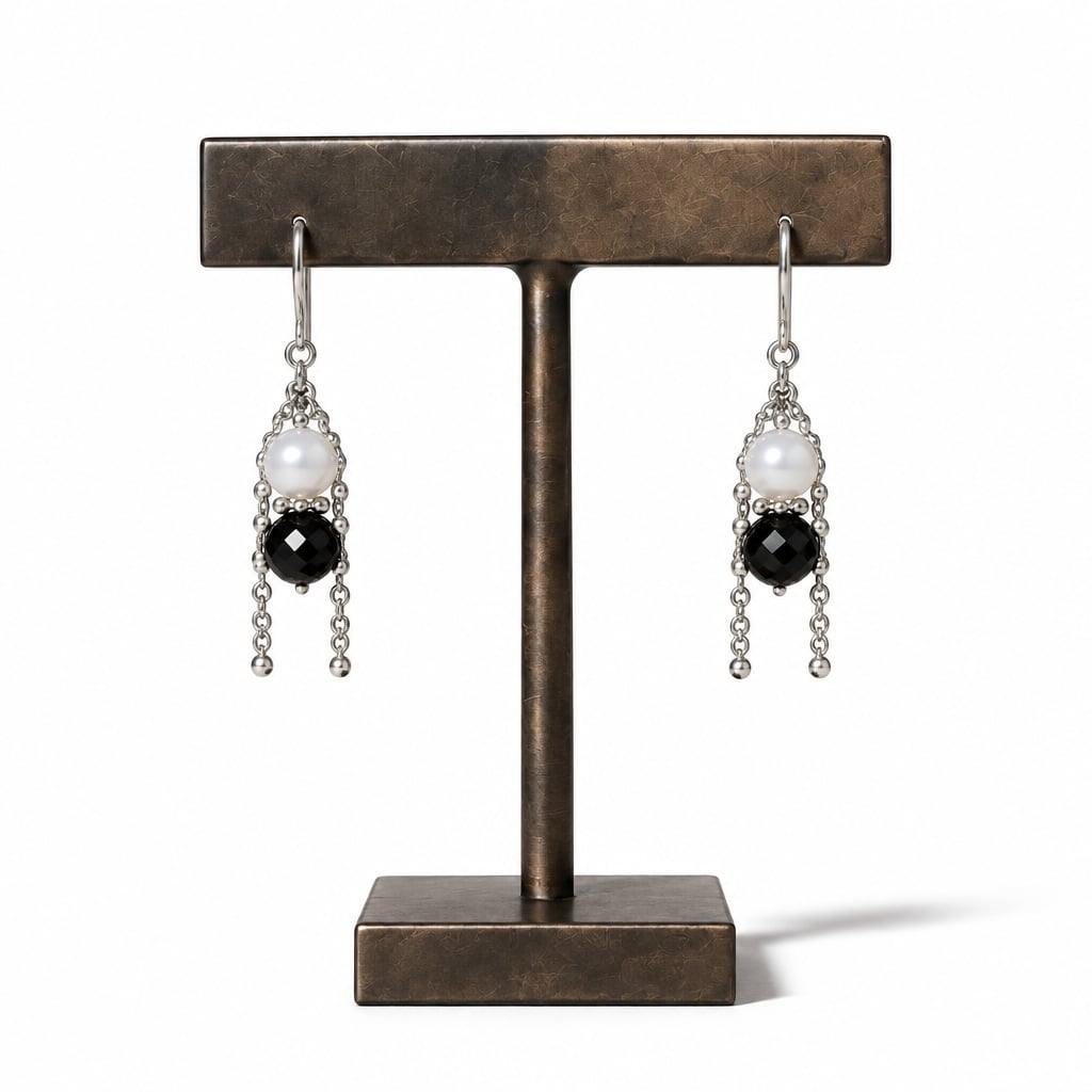 Black Tourmaline & Moonstone Earrings — faceted black tourmaline beneath a moonstone in a silver chain cradle, on a bronze earring stand