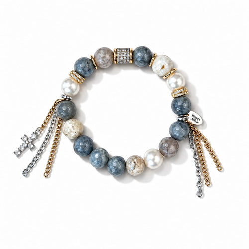 Blue-Gray Agate & Glass Pearl Bracelet