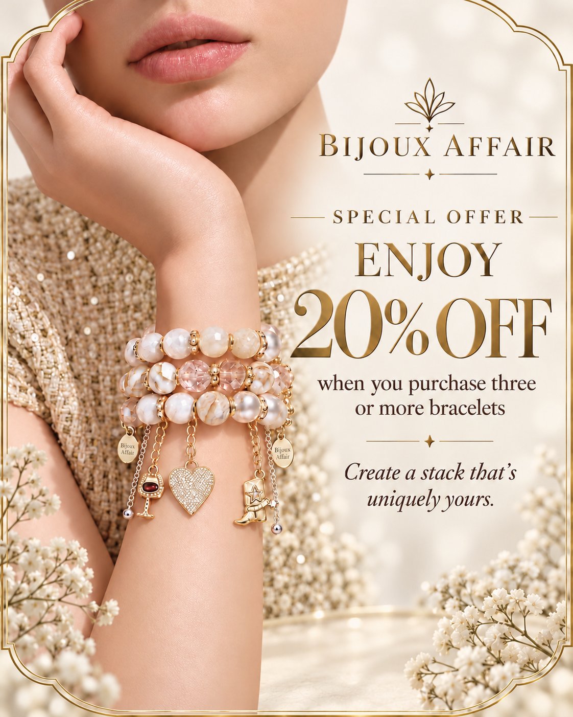 Bijoux Affair special offer: enjoy 20% off when you purchase three or more bracelets. A stack of pearl bracelets with gold charms on a wrist