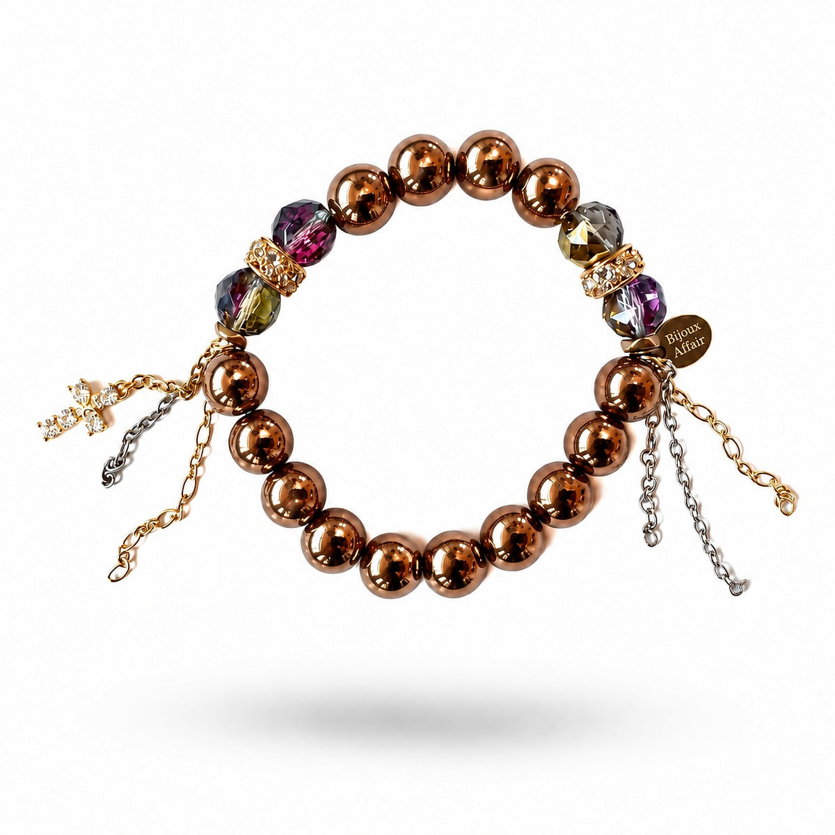 Bronze Hematite & Austrian Crystal Bracelet with a pavé cross charm and gold and silver chain tassels