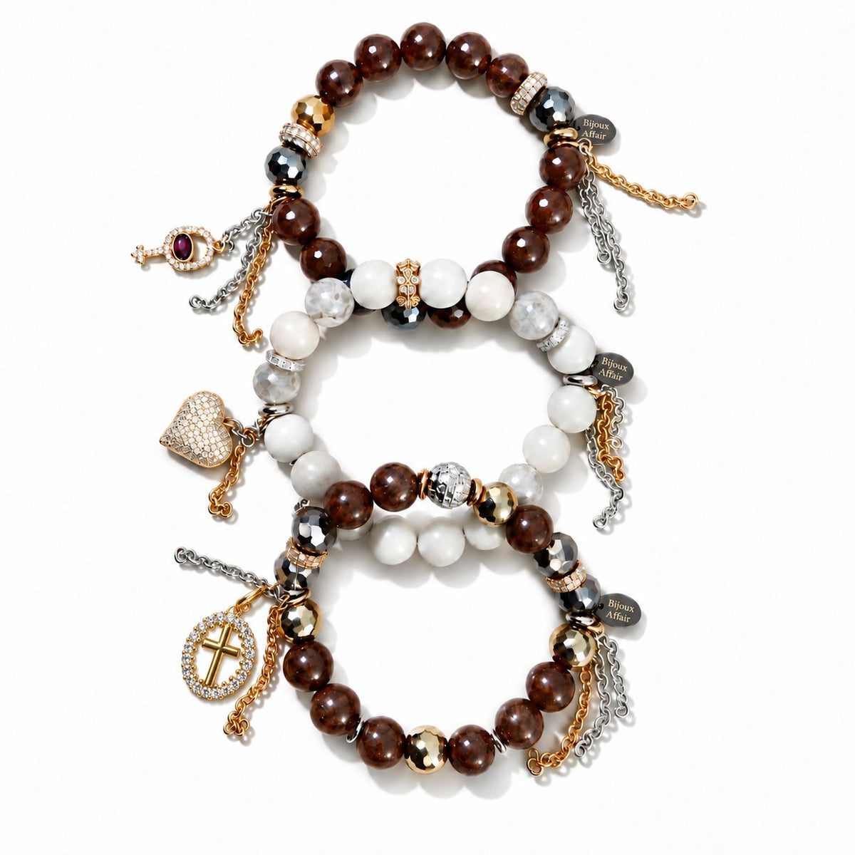 Brown Tourmaline & Beige Moonstone Bracelet Trio