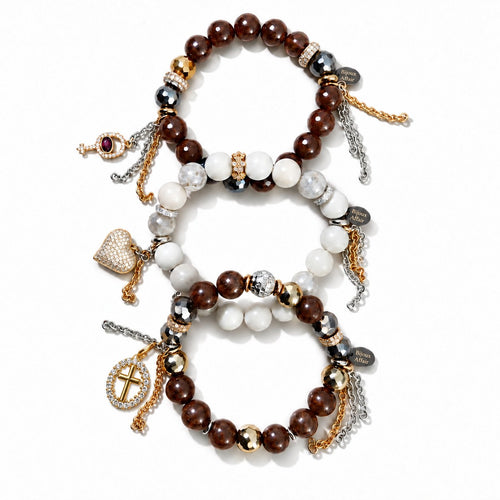 Brown Tourmaline & Beige Moonstone Bracelet Trio