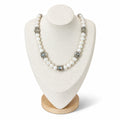 The Christine Necklace on a display bust: luminous white moonstone with smoky grey Austrian crystals set in crystal rondelles