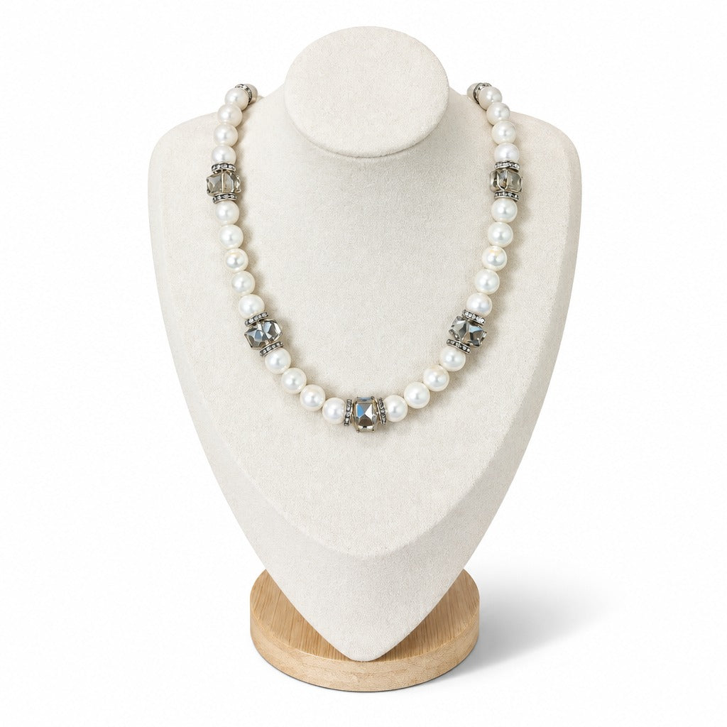 The Christine Necklace on a display bust: luminous white moonstone with smoky grey Austrian crystals set in crystal rondelles