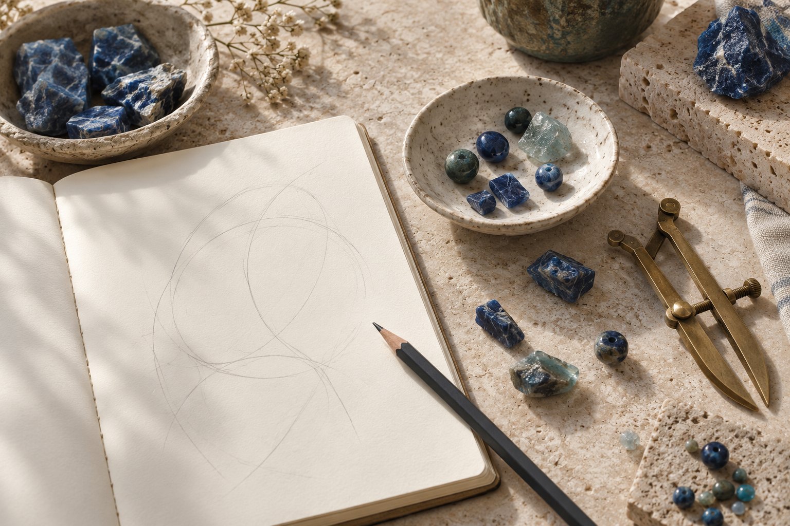 An open sketchbook and pencil beside bowls of loose blue gemstones and a pair of brass dividers