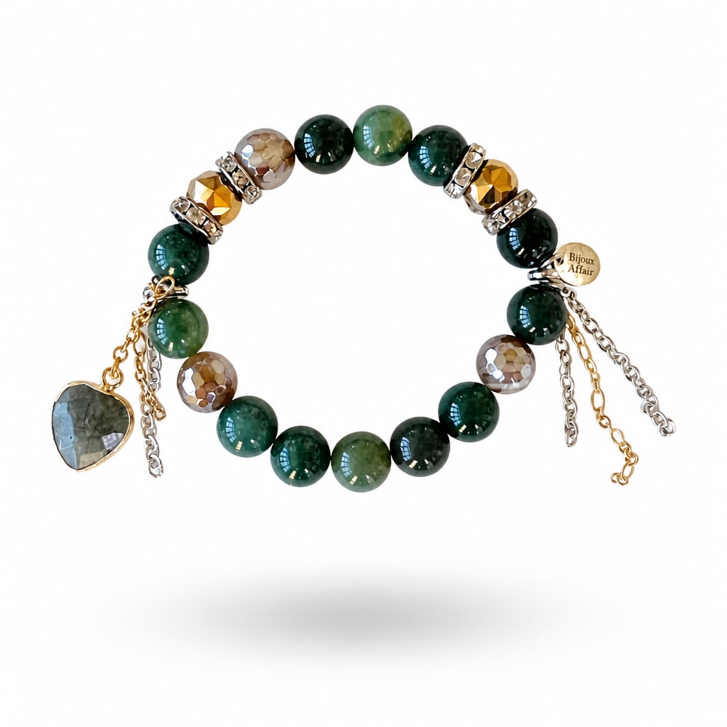 Green Moss Agate, Austrian Crystal & Plated Agate Bracelet