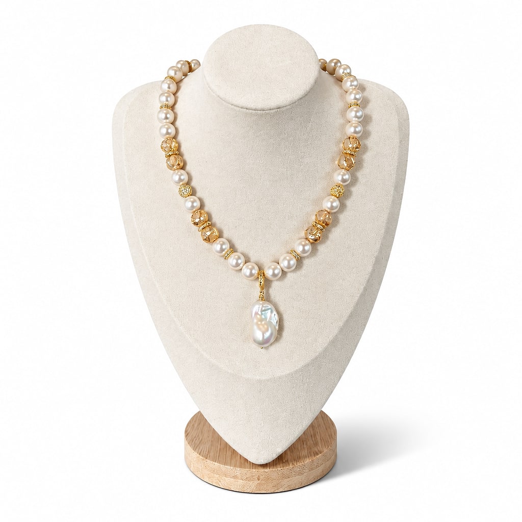 The Kimberly Necklace on a display bust: luminous white glass pearls with champagne crystals, gold accents and a baroque pearl pendant