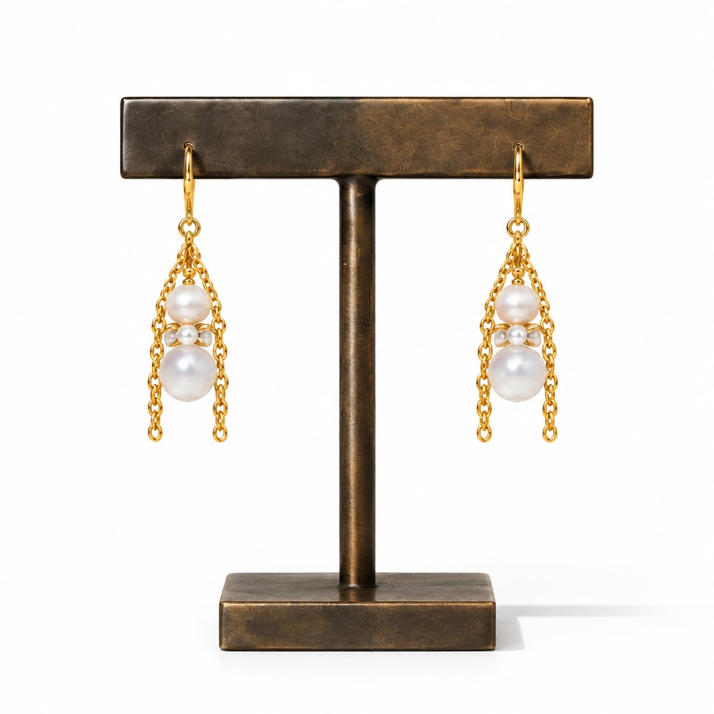 Moonstone & Pearl Drop Earrings — moonstone and glass pearls in a gold chain cradle, on a bronze earring stand