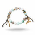 Shell Pearl, Plated Agate & Crackle Glass Bracelet: pale aqua stones, white shell, faceted plated agate and crackle glass, with a gold pistol charm and chains