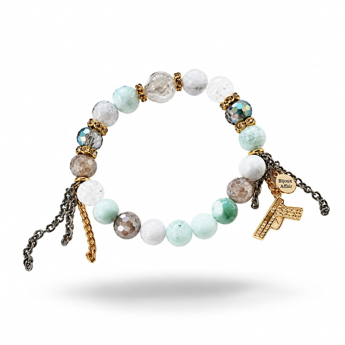 Shell Pearl, Plated Agate & Crackle Glass Bracelet: pale aqua stones, white shell, faceted plated agate and crackle glass, with a gold pistol charm and chains