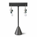 Smoky Grey & Clear Crystal Drop Earrings — smoky grey and clear crystals with a white drop, on a dark earring stand