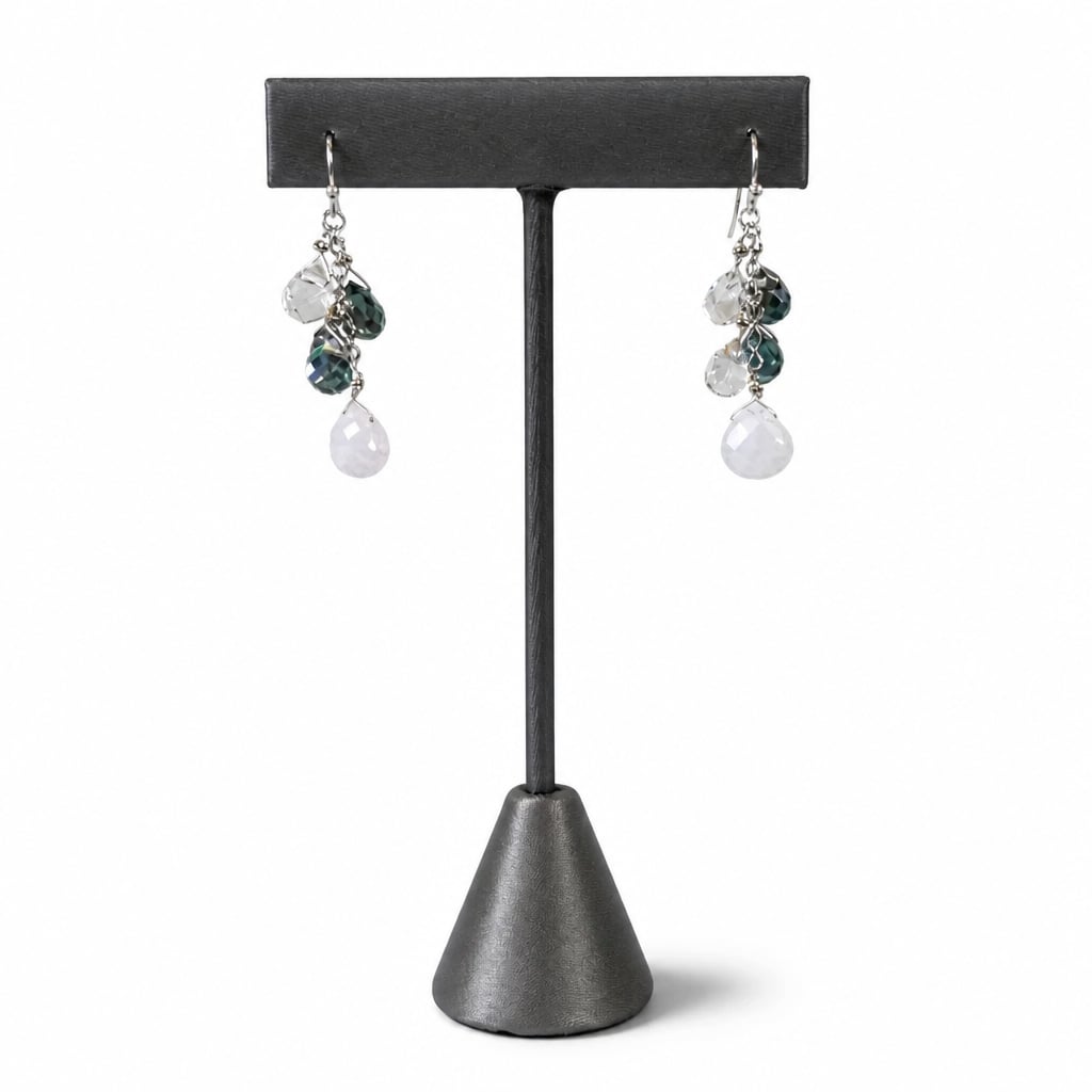 Smoky Grey & Clear Crystal Drop Earrings — smoky grey and clear crystals with a white drop, on a dark earring stand