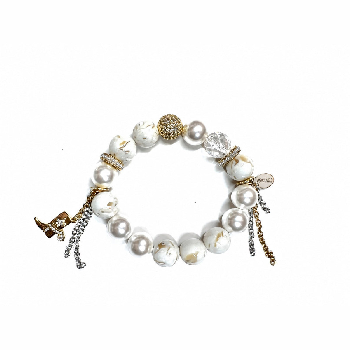 Stackable Gemstone Bracelet in white howlite, glass pearls and clear beads, with a pavé gold bead, a gold cowboy boot charm and chains