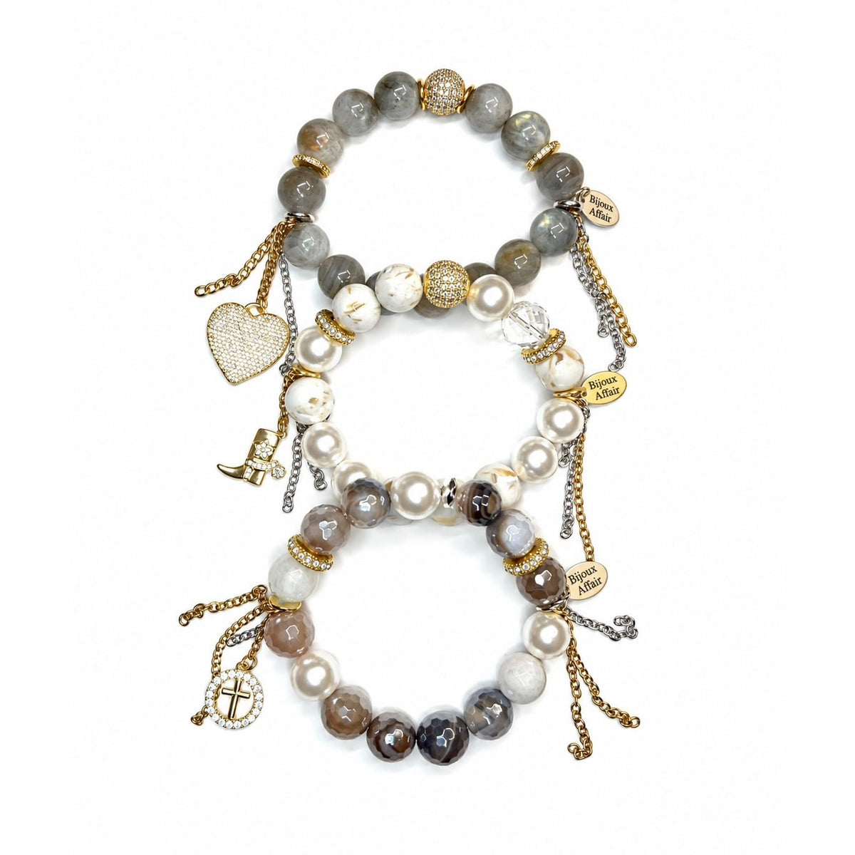Stackable Gemstone Bracelet Trio — Green Moonstone & Howlite